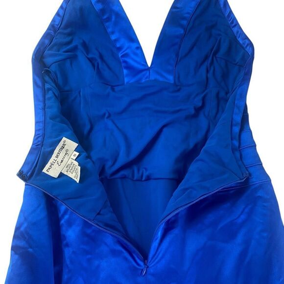 Elegant Adrianna Papell Boutique Evening maxi halter dress deep blue V neck - Picture 9 of 15